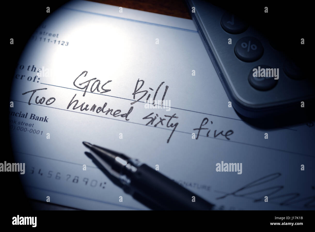 Fake cheque,  cheque for Natural Gas Bill, financial concept. Stock Photo