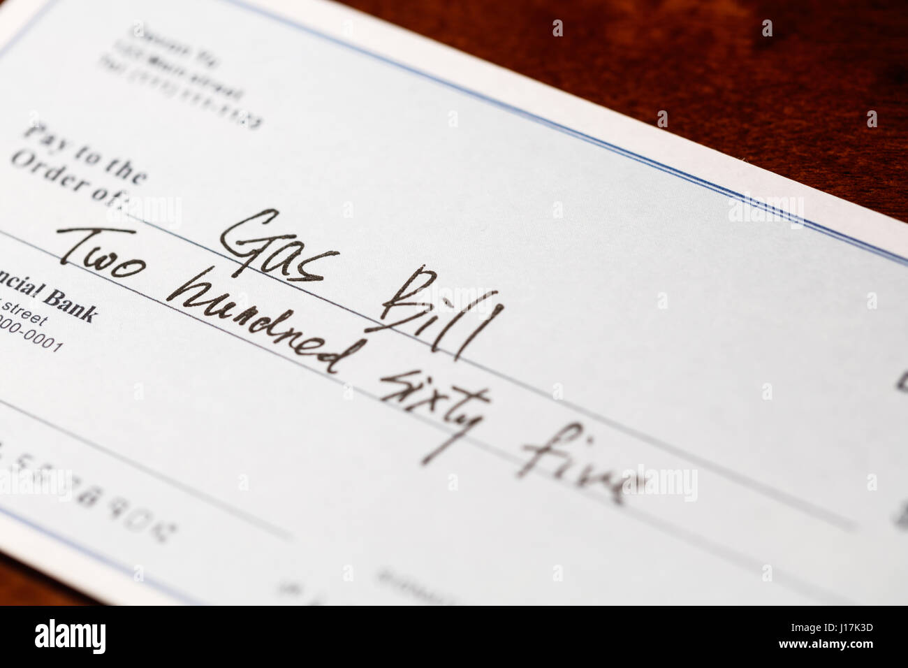 Fake cheque,  cheque for Natural Gas Bill, financial concept. Stock Photo