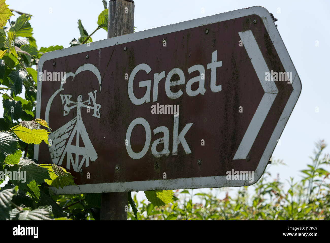 A visitors brown road sign at Great Oak near Eardisley village   in Herefordshire, Britain.   Eardisley is on the 'Black & White Village Trail.'  whic Stock Photo
