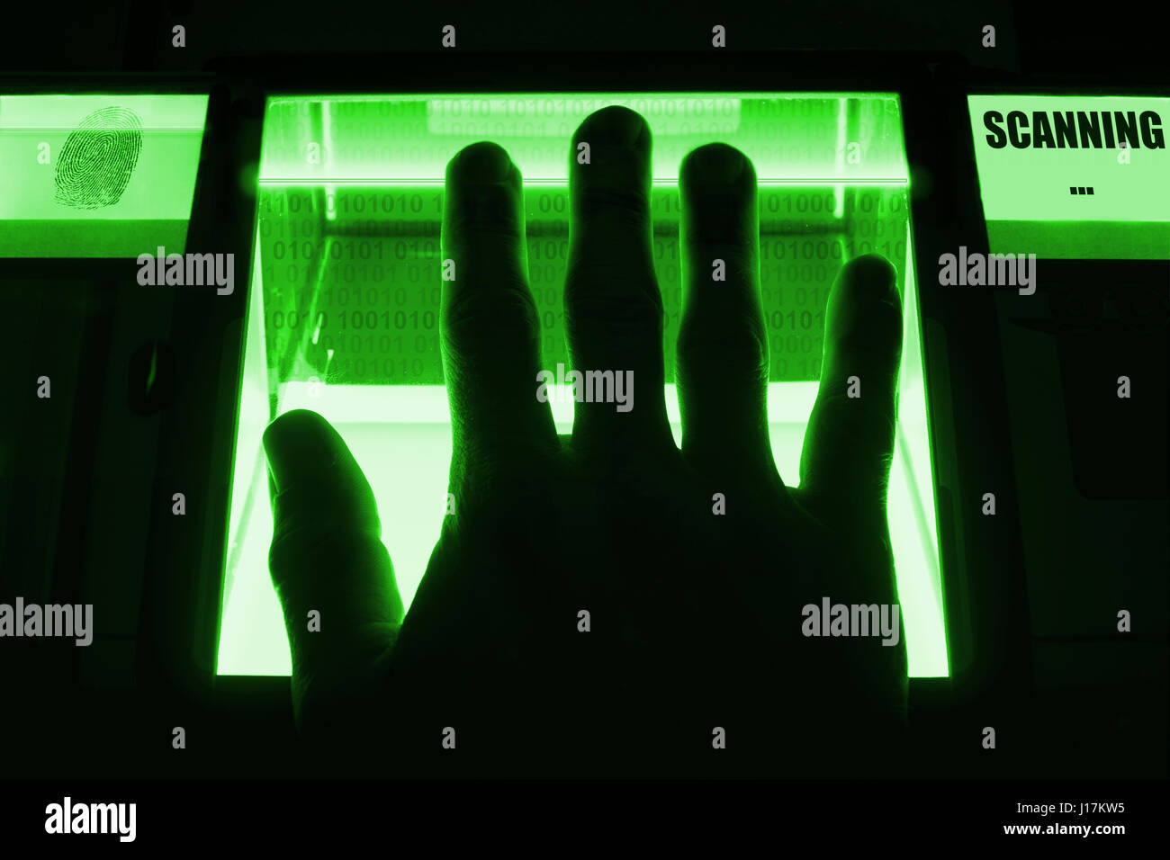 A person uses a fingerprint scanner. Can be used for biometrics or cybersecurity concepts. Stock Photo