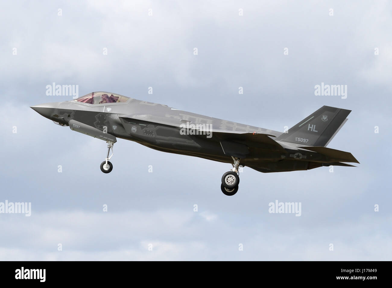 USAF F-35A Lightning II's arriving at RAF Lakenheath in Suffolk, UK for the USAF's first overseas deployment of the type. Stock Photo