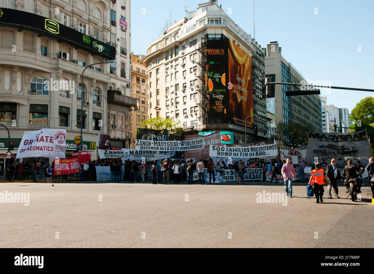 BUENOS AIRES, ARGENTINA - December 15, 2016: Protest of the working class in the capital city near Plaza de la Republica Stock Photo