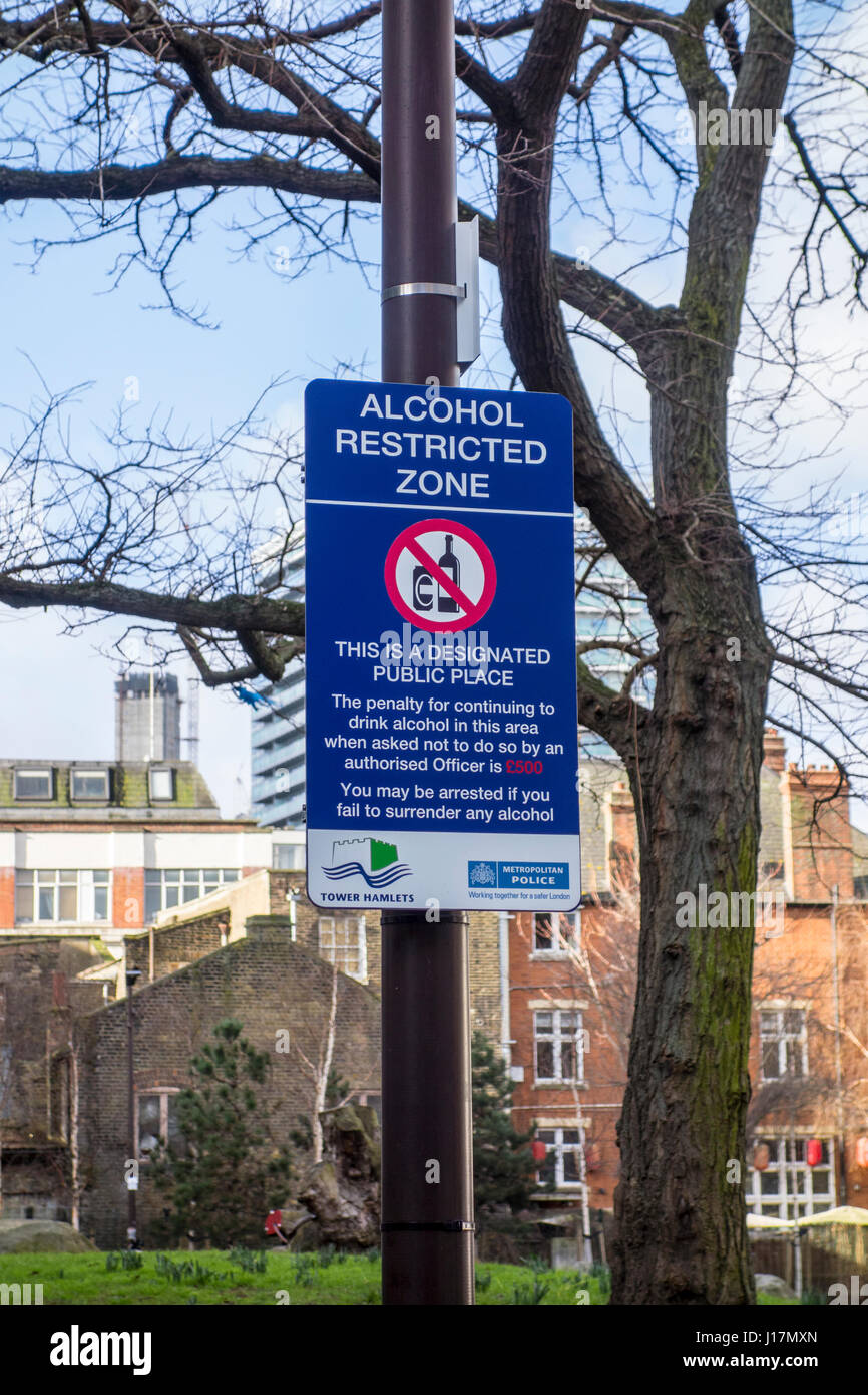Alcohol Restricted Zone sign, Altab Ali Park, East London, UK Stock Photo
