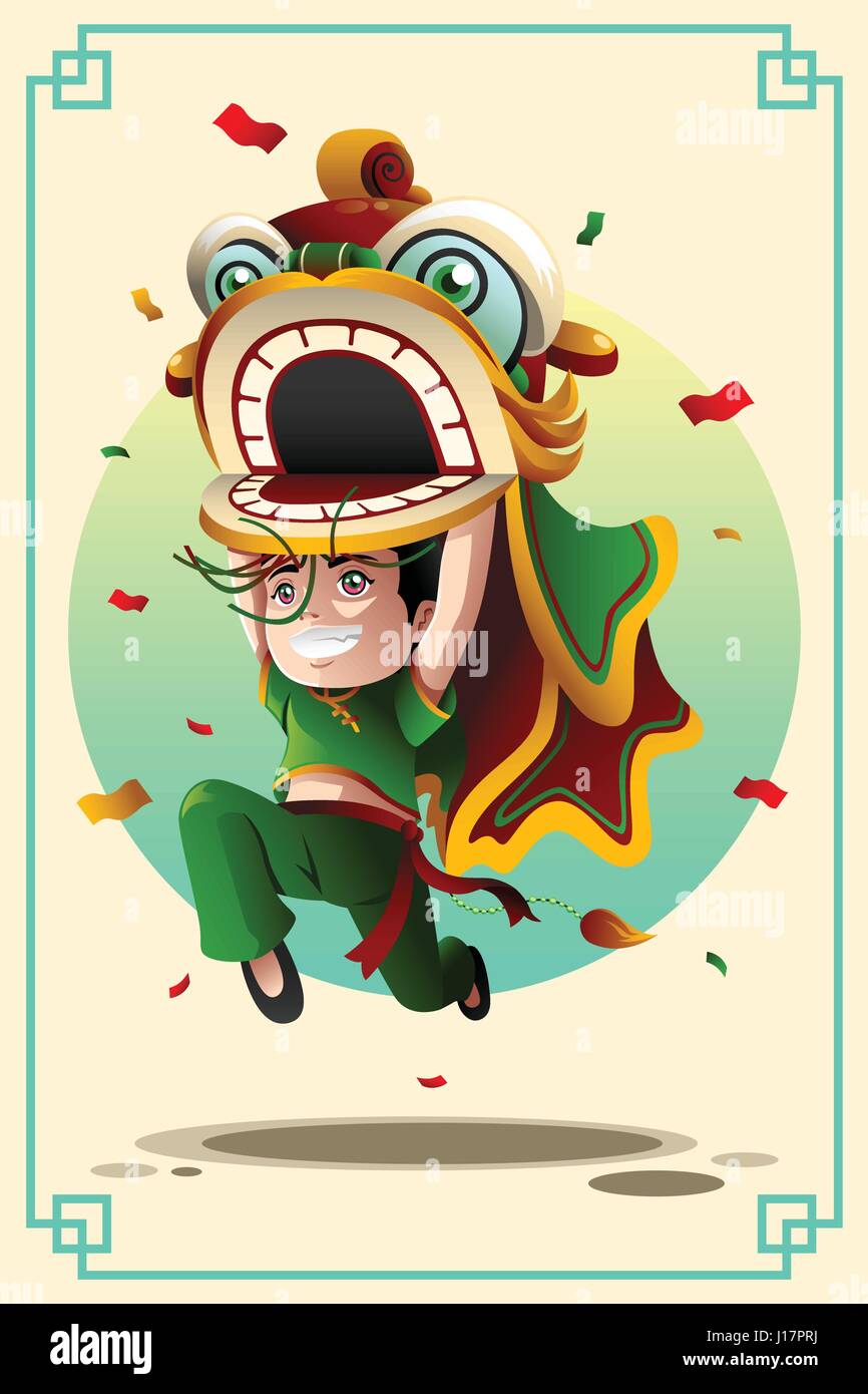 A vector illustration of Chinese boy dancing a lion dance Stock Vector