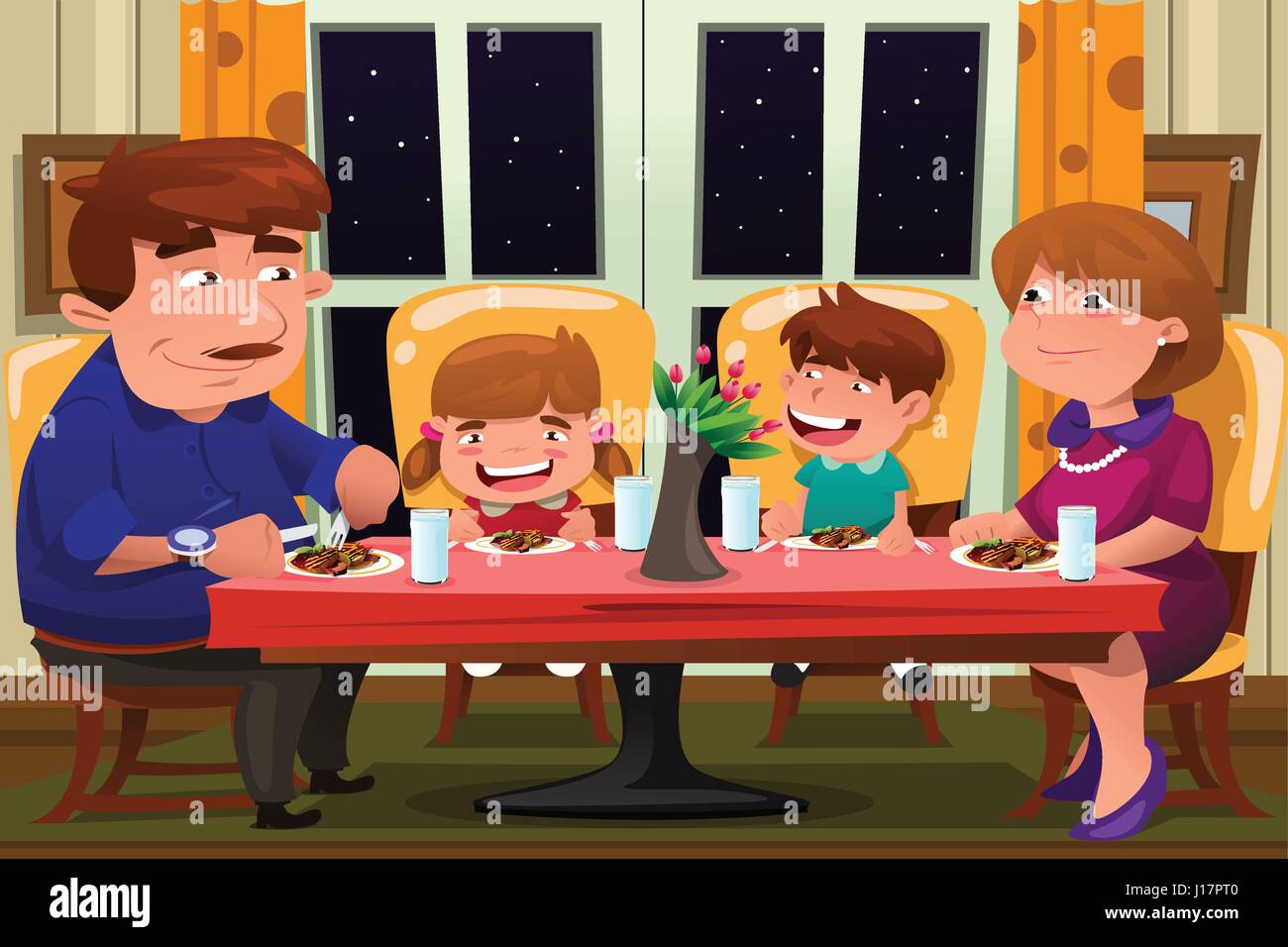 A vector illustration of happy family eating dinner together Stock