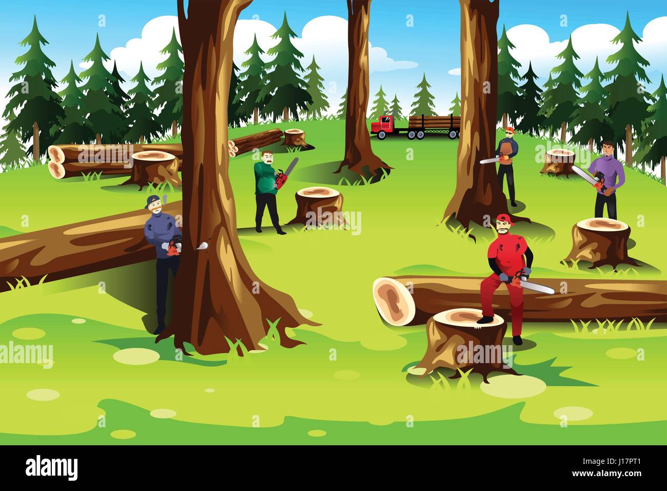 A vector illustration of people cutting down and exploiting trees in forest Stock Vector