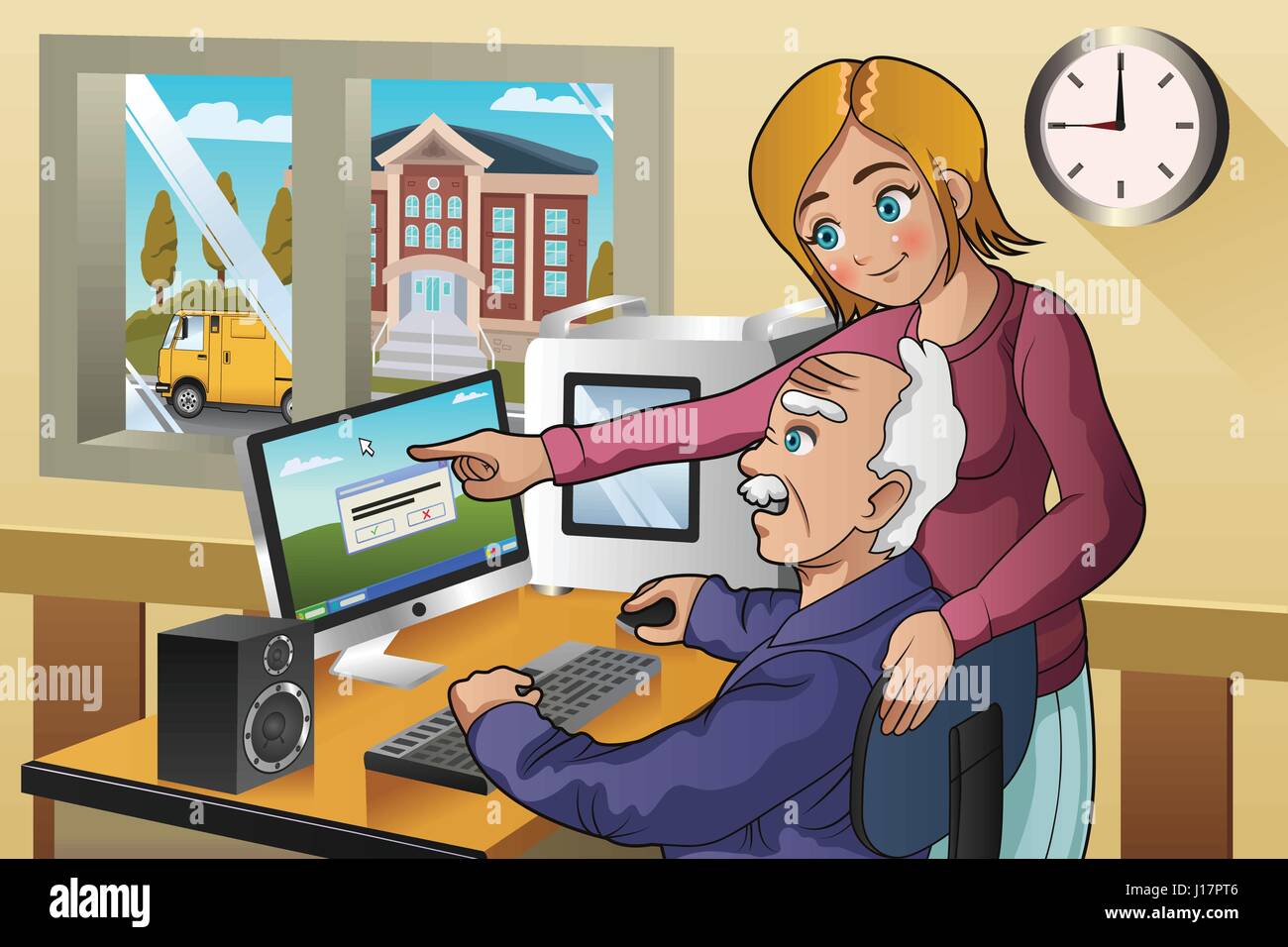 A vector illustration of volunteer girl teaching senior how to use a computer Stock Vector