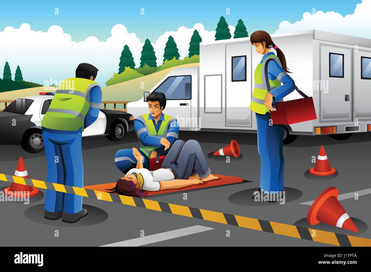 A vector illustration of paramedic giving help to an injured girl after accident Stock Vector