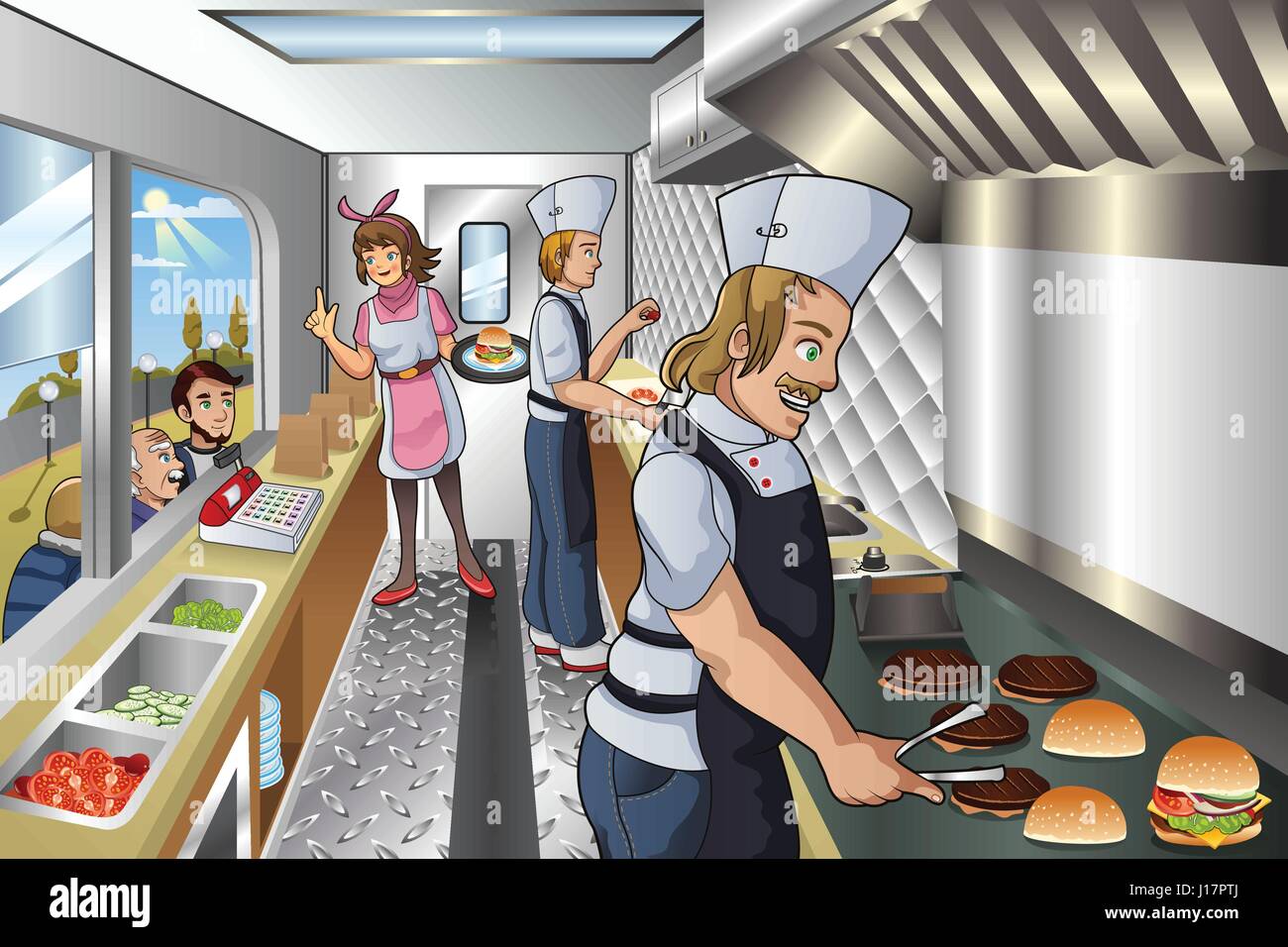 A vector illustration of chef and his helpers cooking inside a food truck Stock Vector
