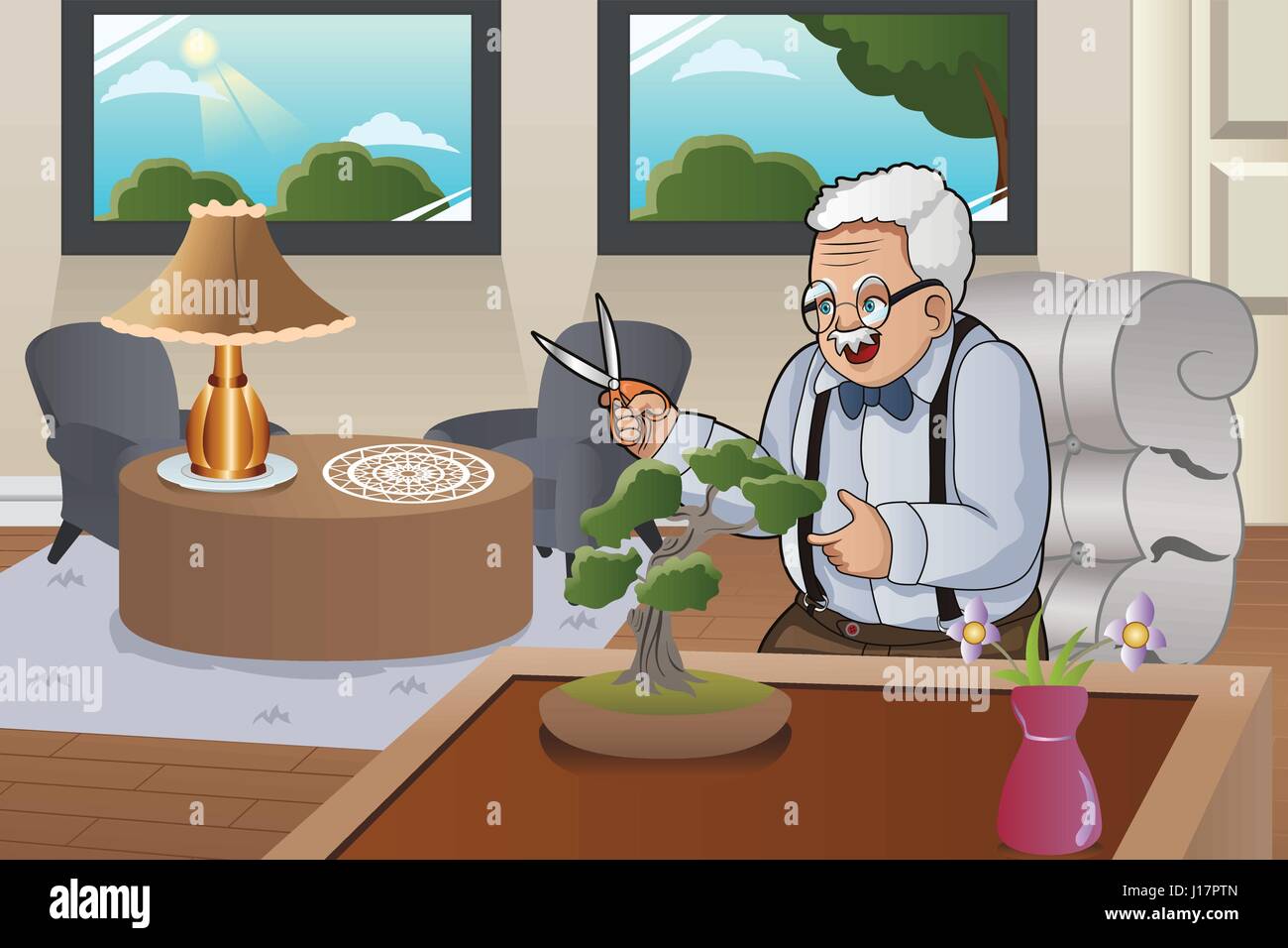 A vector illustration of old man taking care of his bonsai in his house Stock Vector