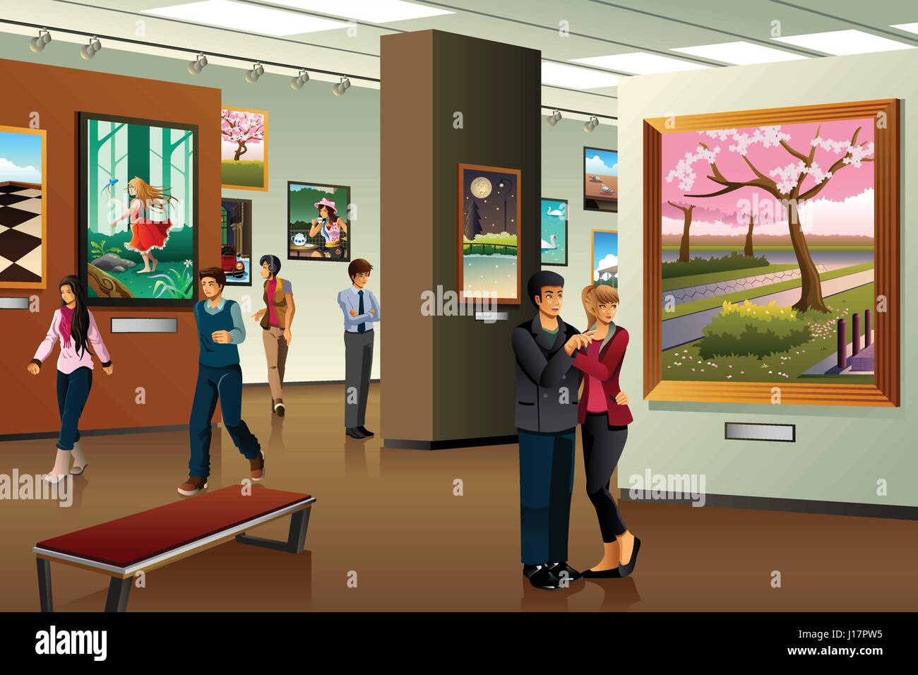 A vector illustration of people visiting an art gallery Stock Vector