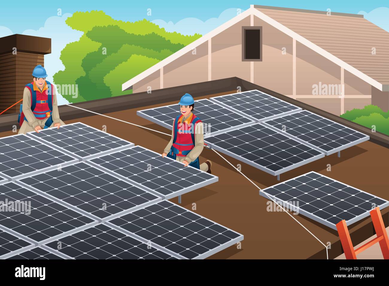 A vector illustration of workers installing solar panels on the roof Stock Vector