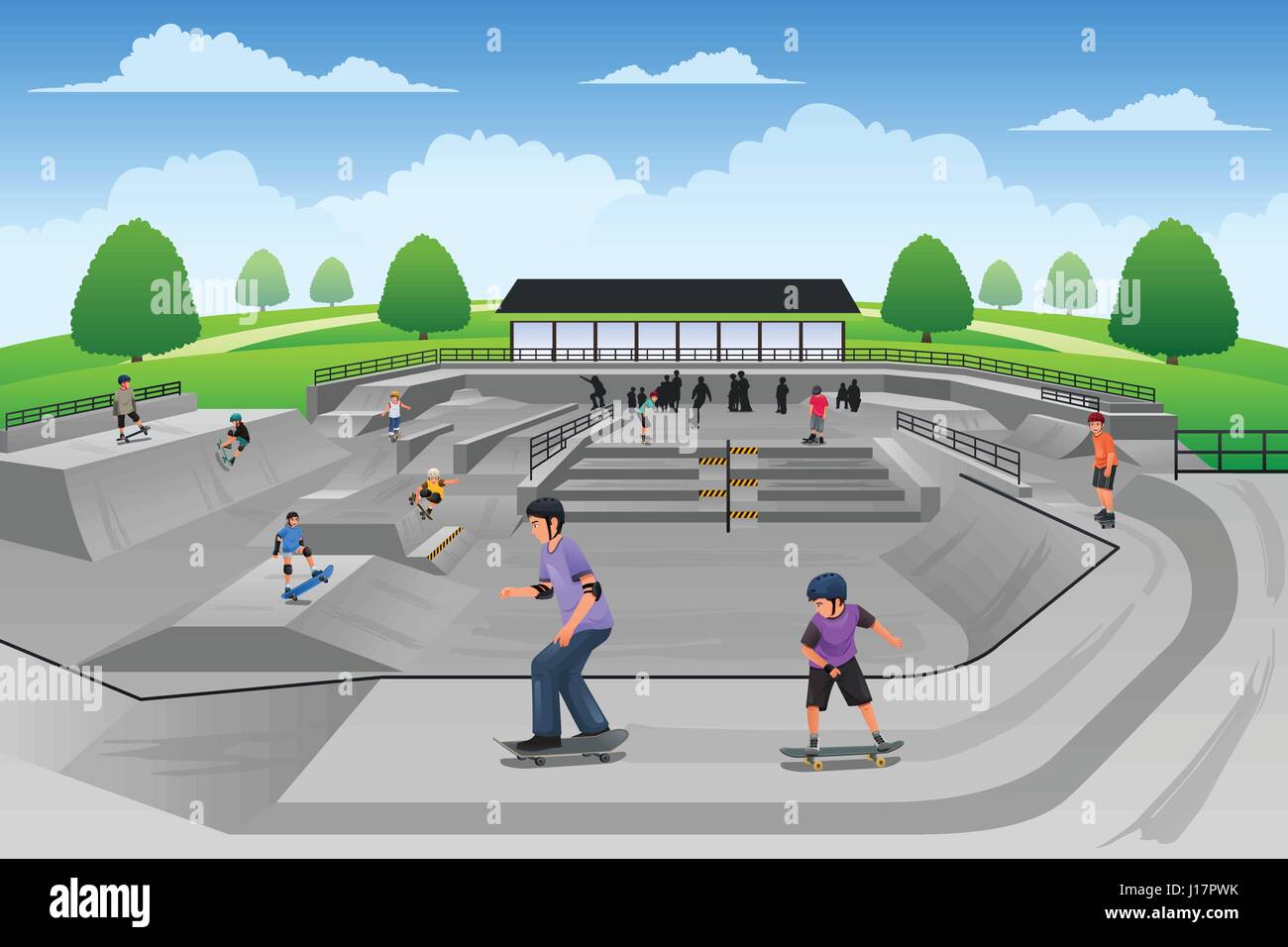 A vector illustration of people playing skateboard in a skate park Stock Vector