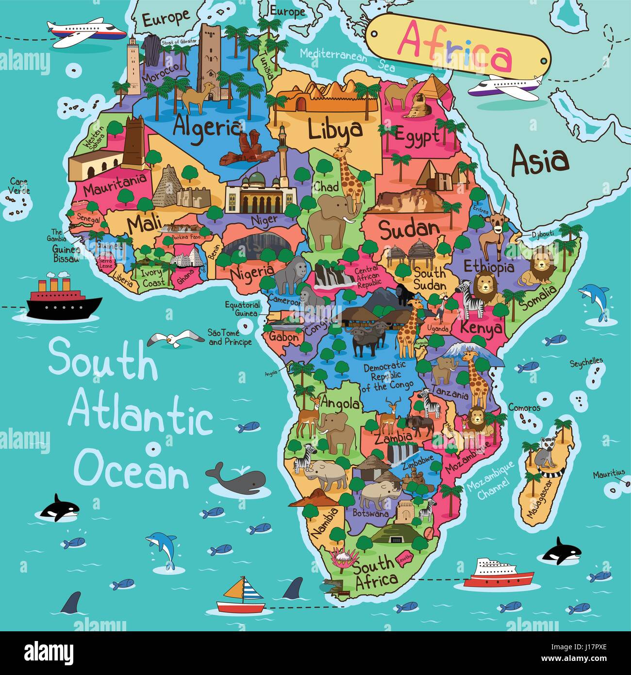 A vector illustration of Africa map in cartoon style Stock Vector