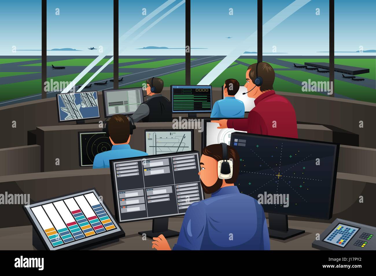 A vector illustration of air traffic controller working in the airport