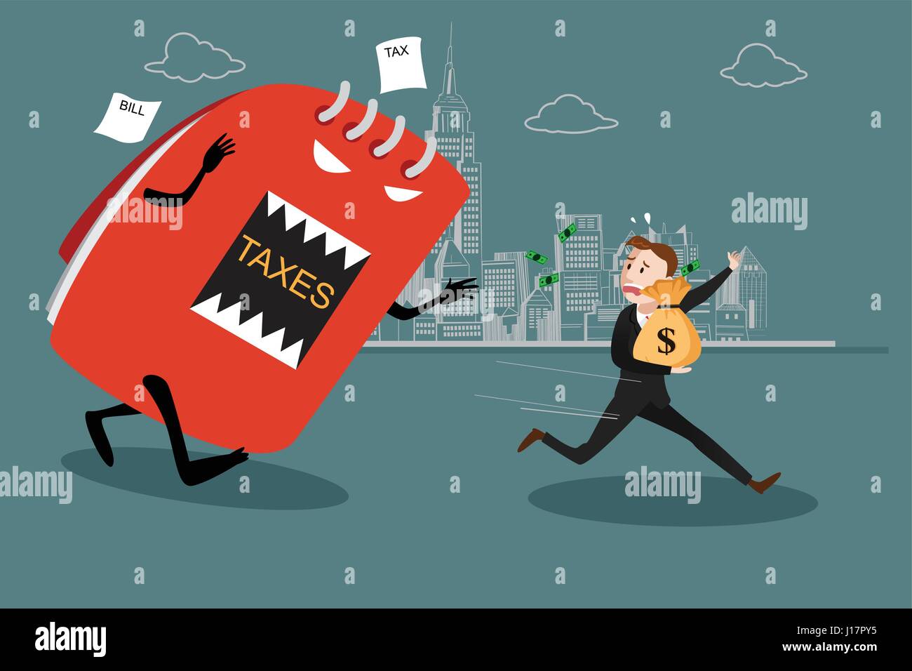 A vector illustration of businessman running away from tax for tax concept Stock Vector