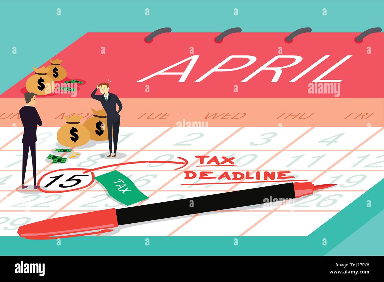 A vector illustration of businessmen standing on top calendar with tax deadline written on the calendar for tax deadline concept Stock Vector