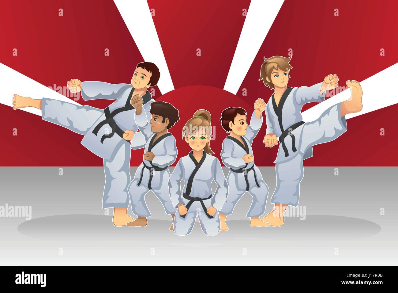 A vector illustration of martial art banner with kids practicing karate Stock Vector