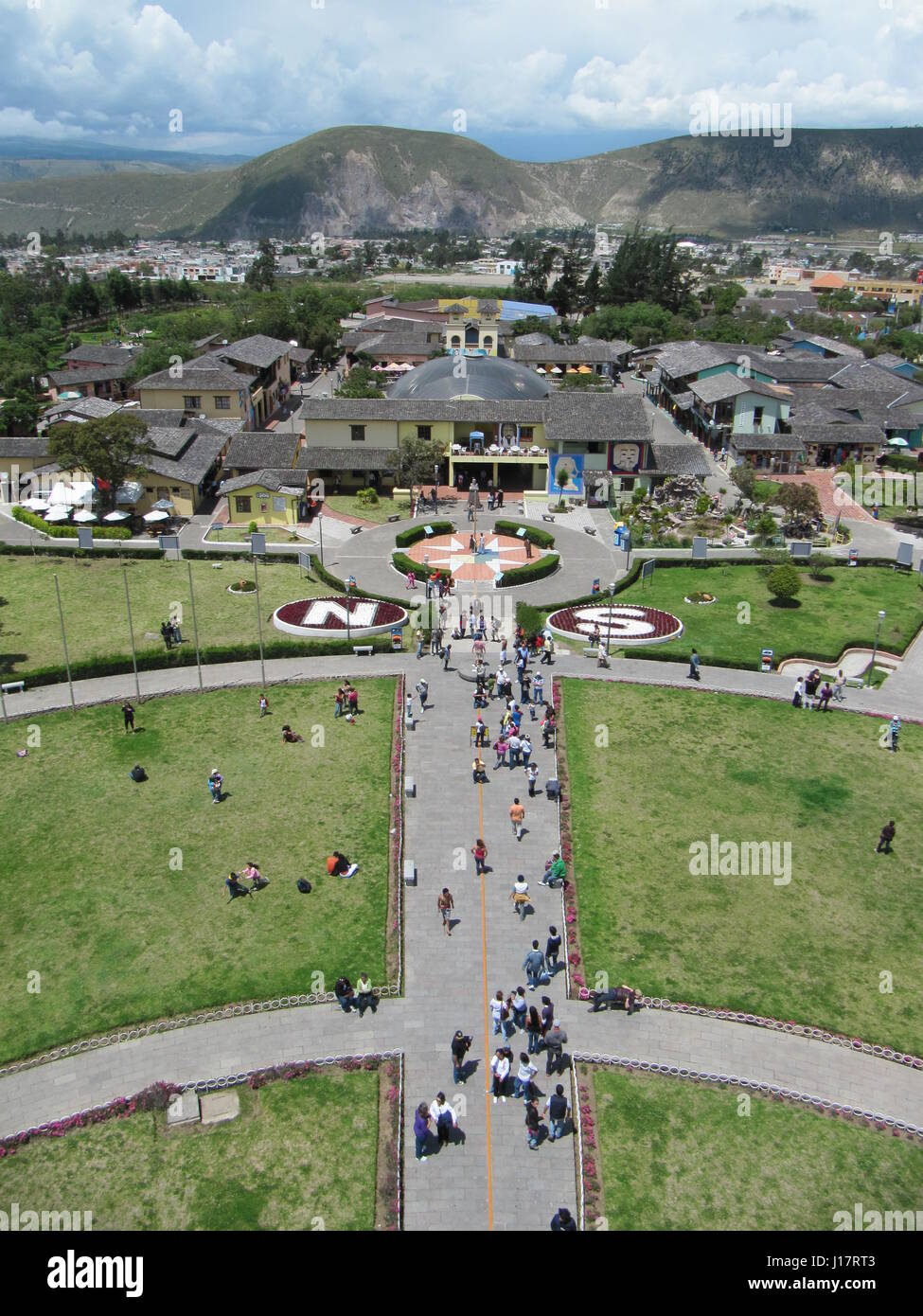 above view of Mitad del Mundo landmark, Equator line, Ecuador Stock Photo