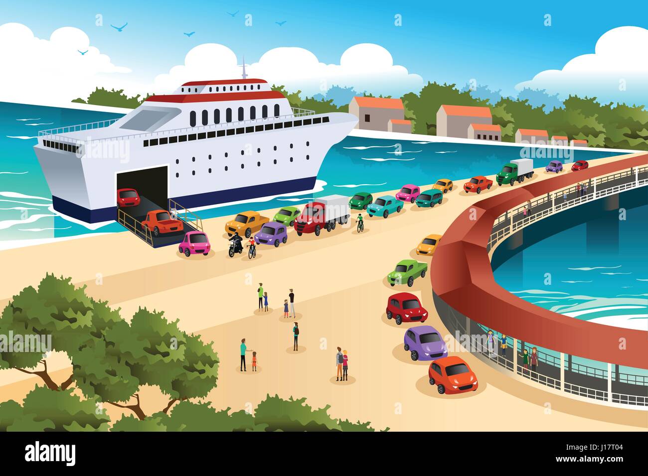 A vector illustration of cars queuing waiting for a ferry Stock Vector