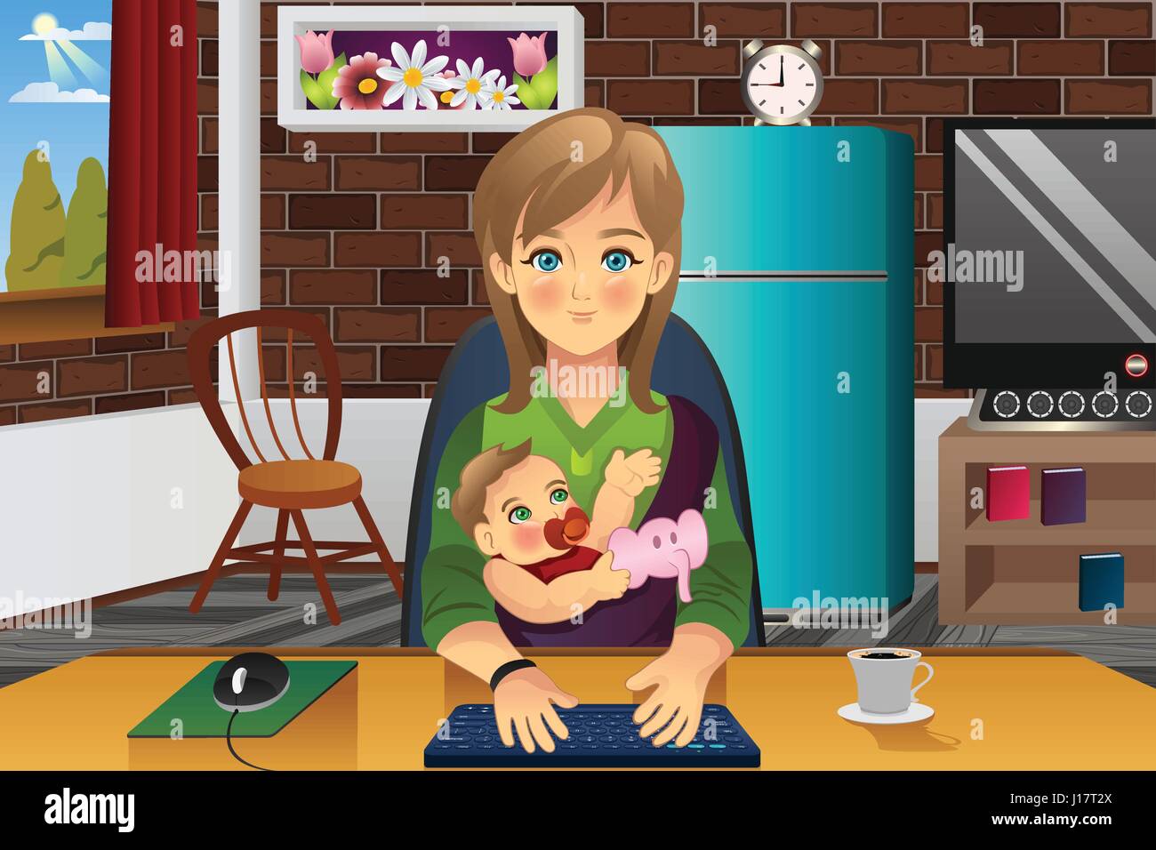 A vector illustration of mother holding her baby while working at home
