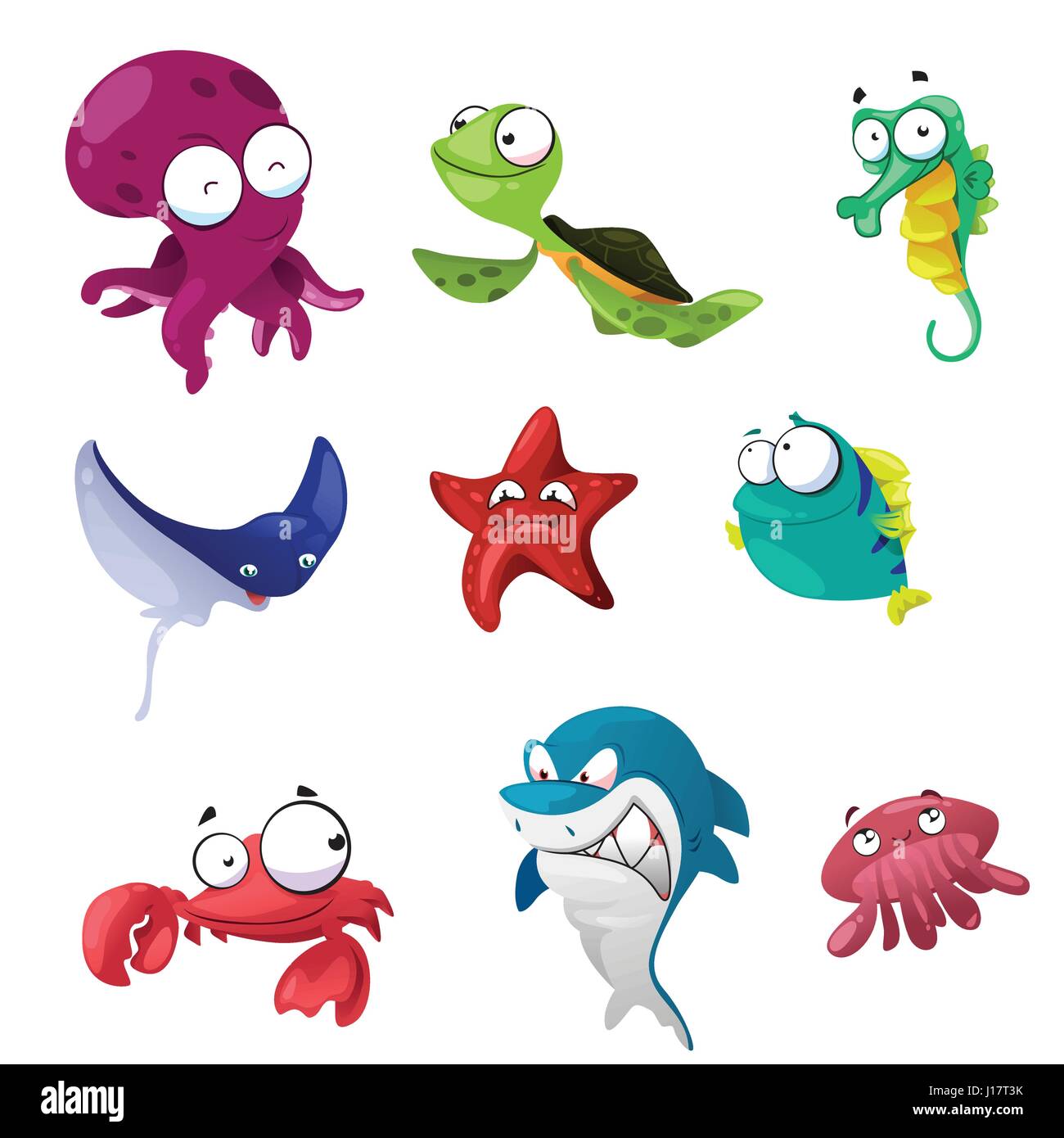 A vector illustration of cute marine animals icon sets Stock Vector