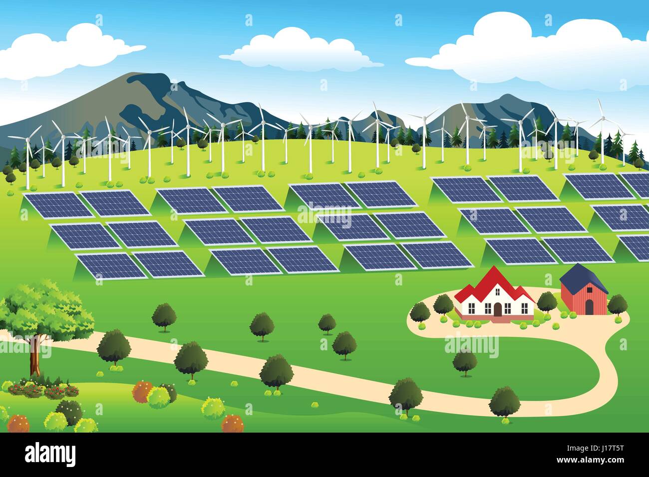 A vector illustration of wind turbines and solar panels farm Stock Vector