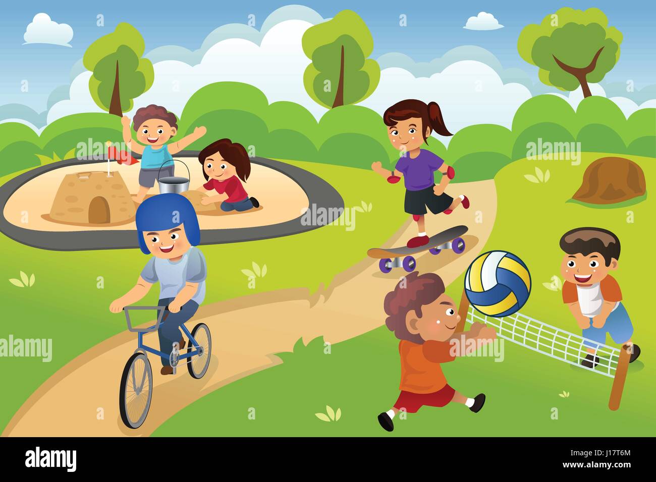 A vector illustration of happy kids playing in the playground Stock Vector