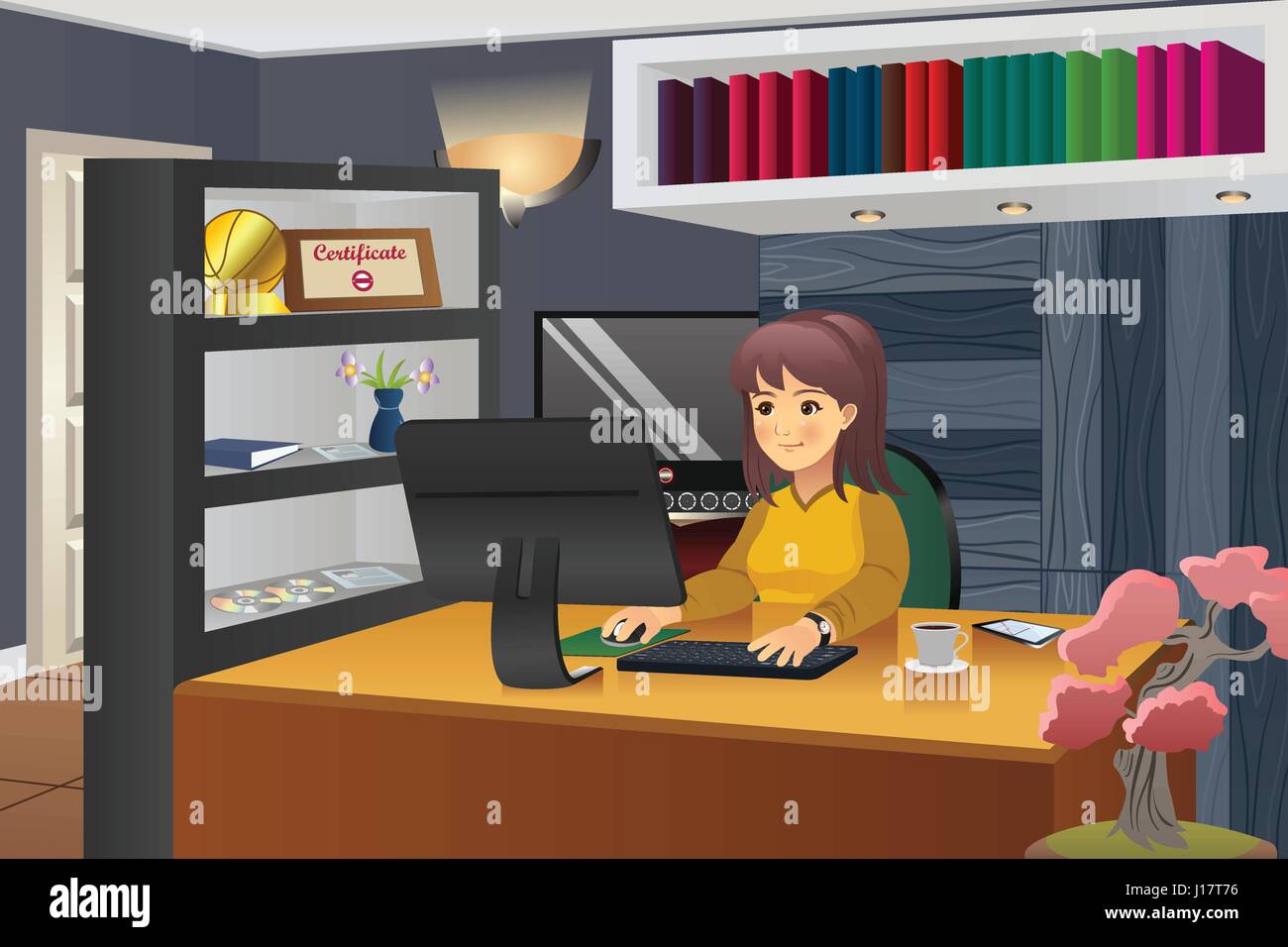 A vector illustration of female programmer working in her home Stock Vector