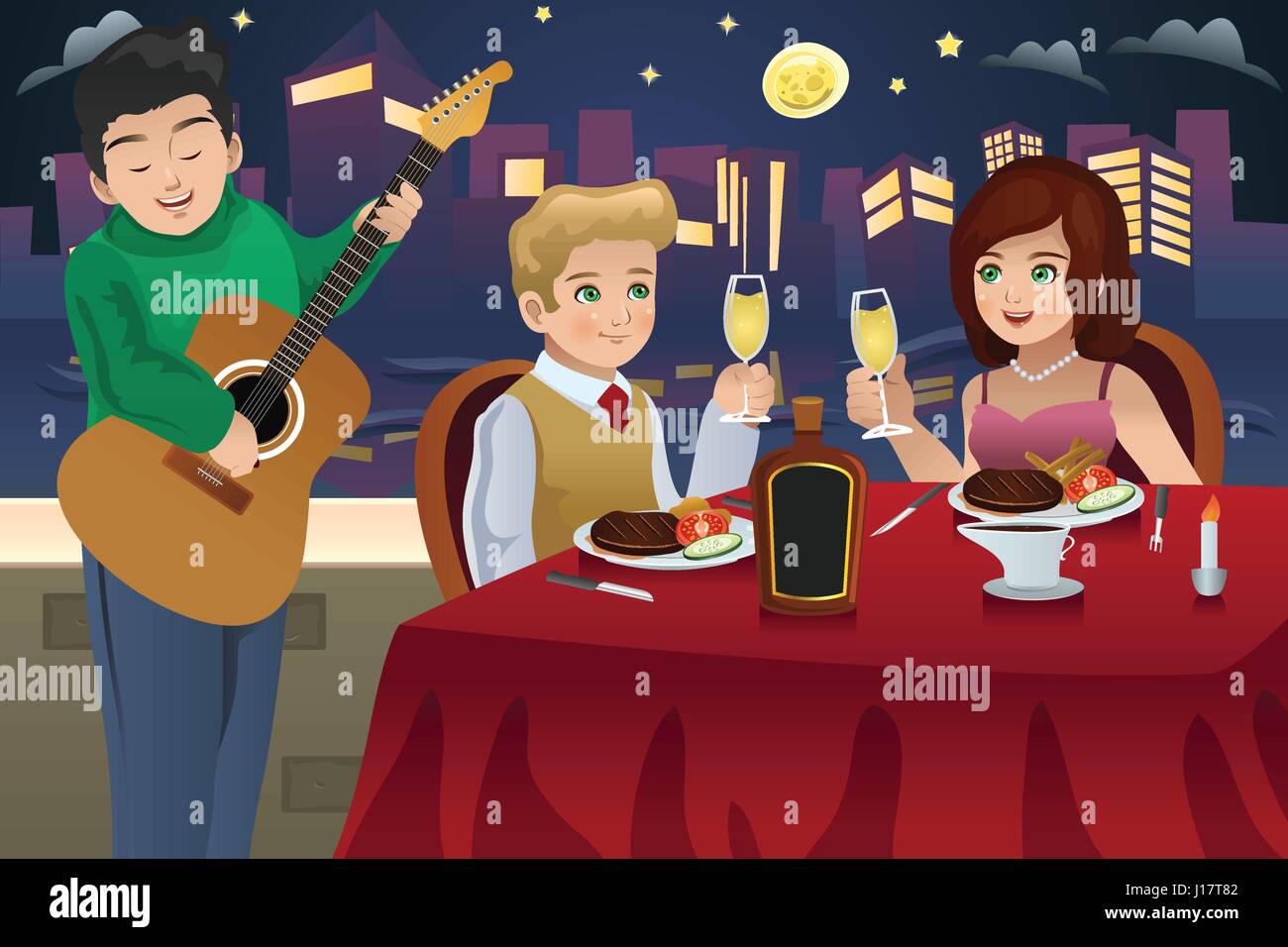 A vector illustration of happy couple having romantic dinner together Stock Vector