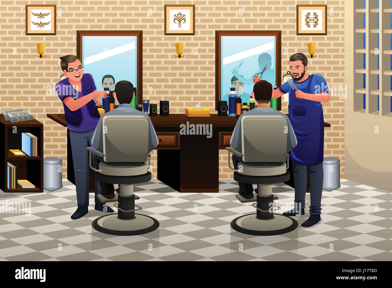 A Vector Illustration Of People Having Haircut In A Barber Shop Stock A Vector Illustration Of People Having Haircut In A Barber Shop J17T8D
