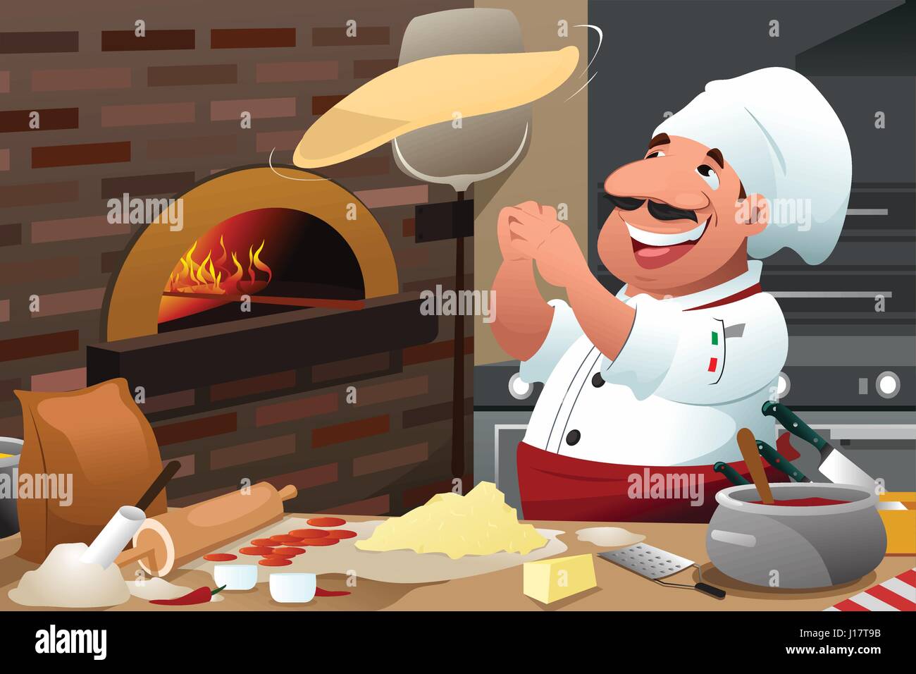 A vector illustration of Pizza chef tossing pizza dough in the air