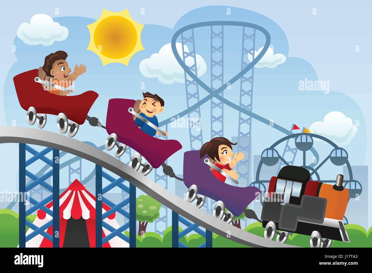 A vector illustration of happy children playing roller coaster in a