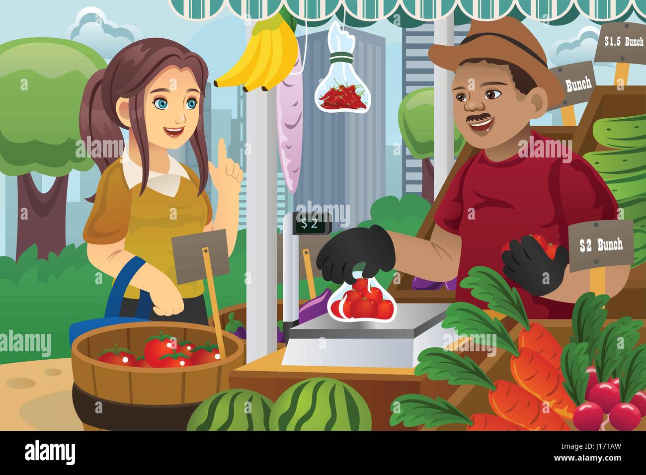 A vector illustration of beautiful woman shopping in an outdoor farmers ...