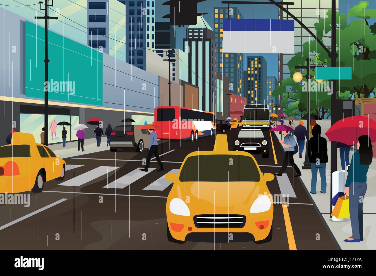 A vector illustration of people walking in the rain in the city Stock ...