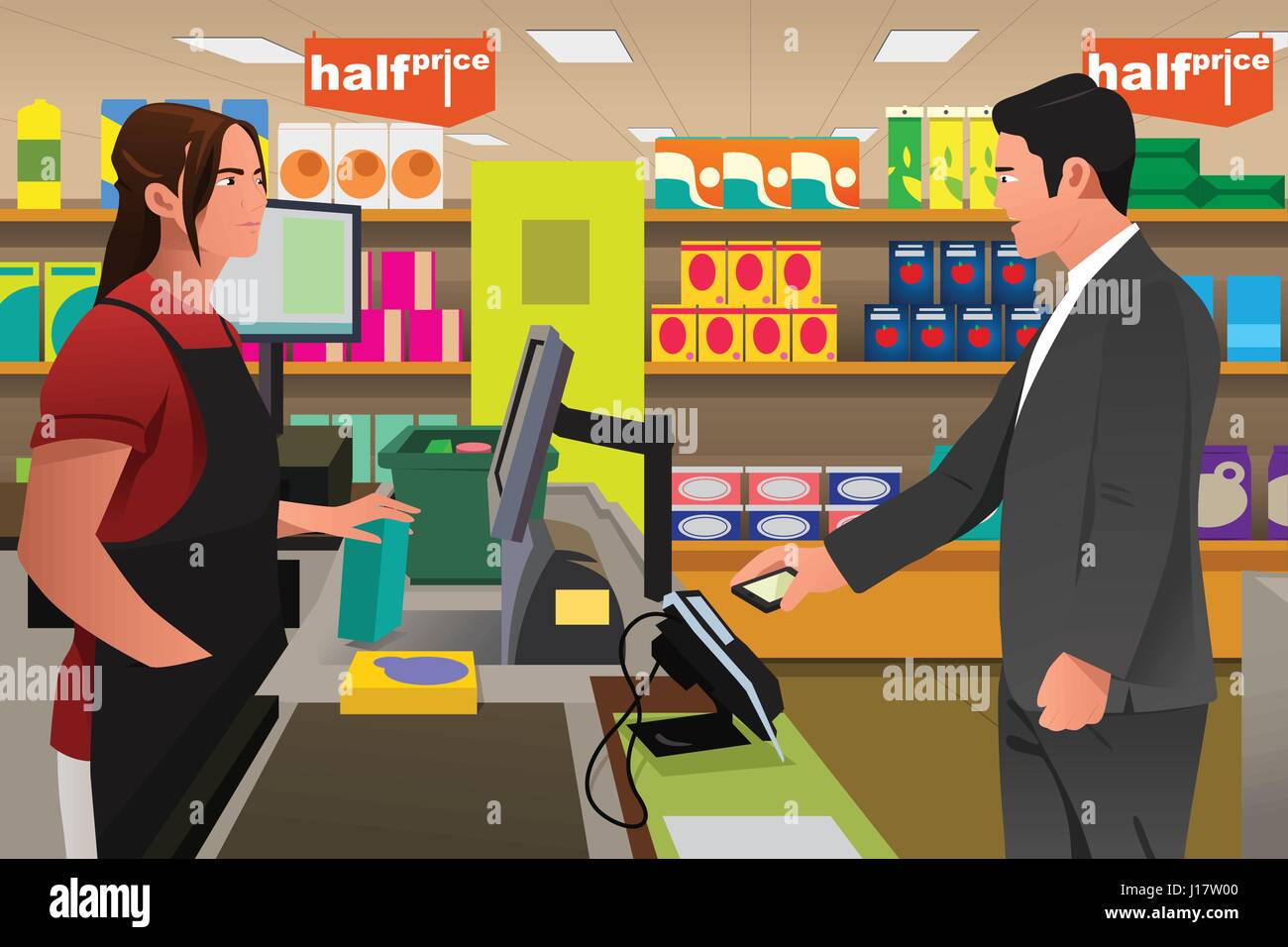 A vector illustration of man paying the cashier at the grocery store