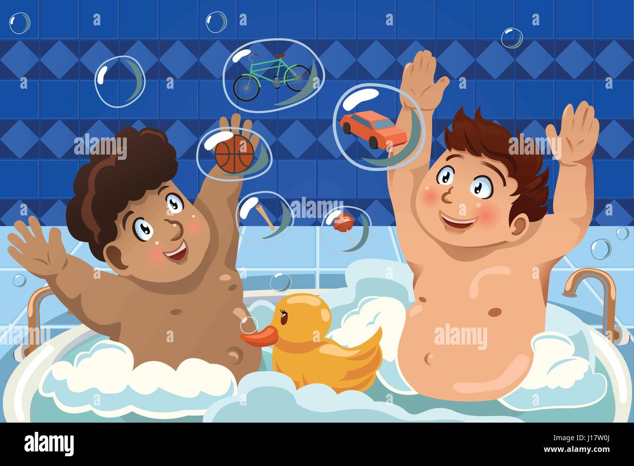 A vector illustration of kids having a bubble bath in the bathtub Stock