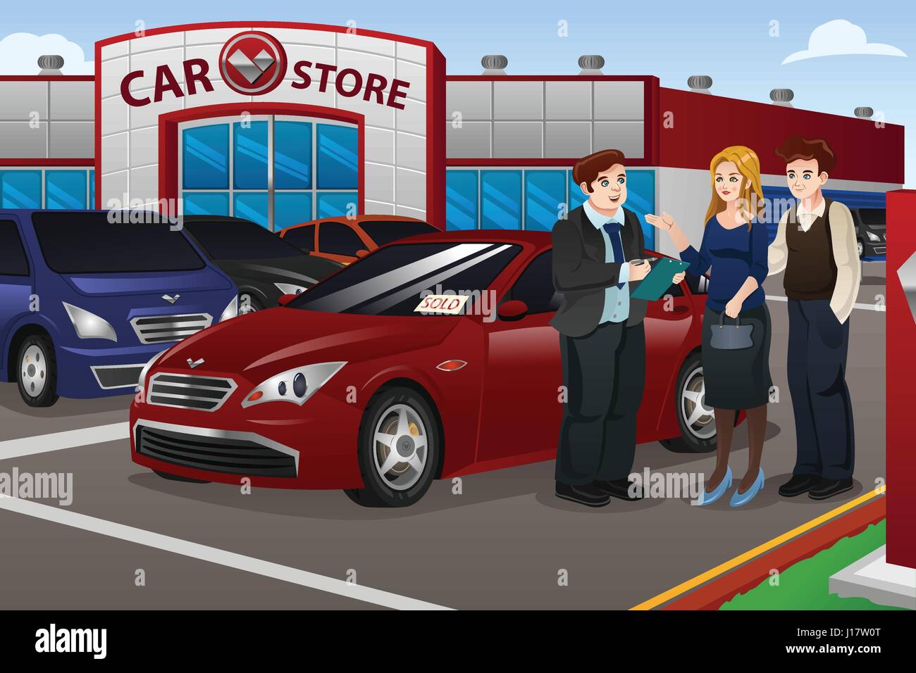 A vector illustration couple buying new car in the dealership Stock Vector