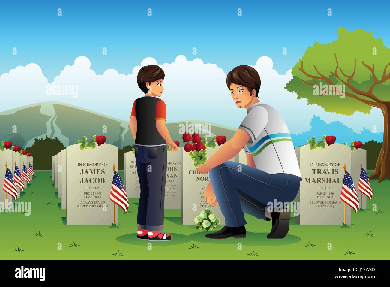 A vector illustration of father visiting cemetery with his son on Memorial day Stock Vector