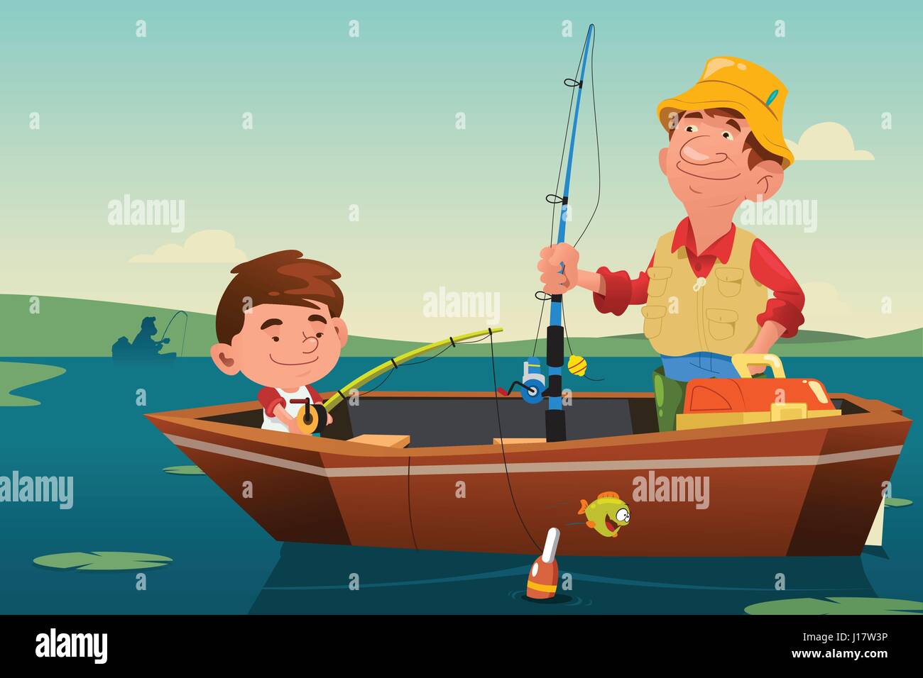A vector illustration of father fishing together with his son on a boat