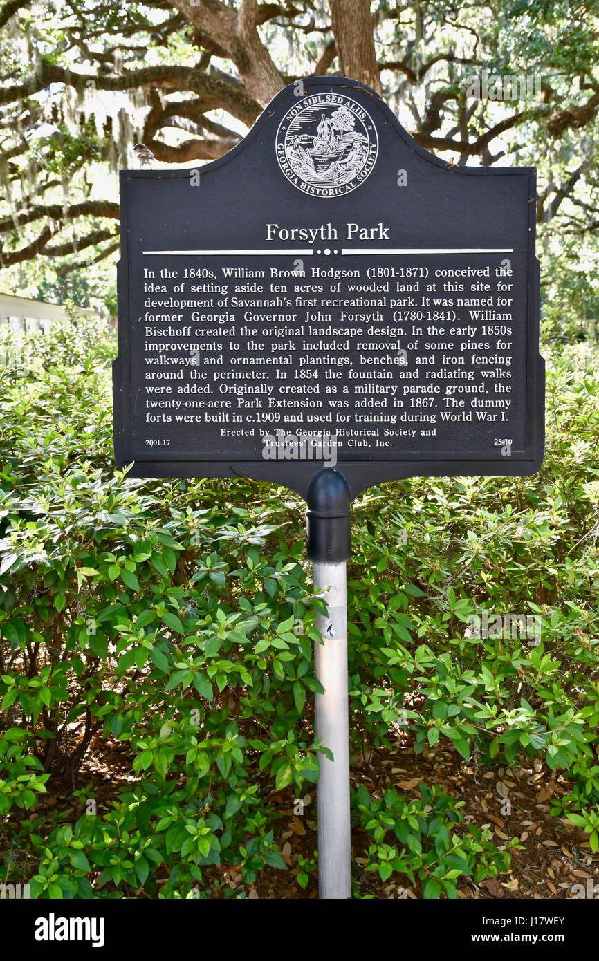Forsyth Park sign Savannah, Stock Photo Alamy