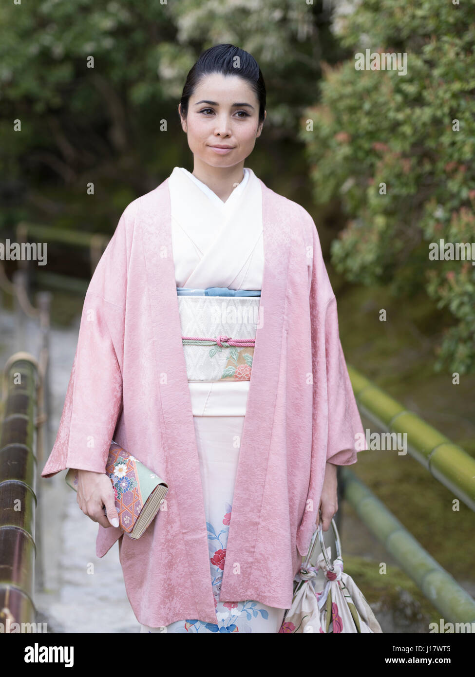 Woman in kimono in the grounds of Ginkaku-ji the silver pavilion Stock Photo