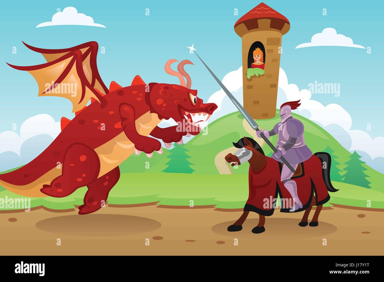 A vector illustration of knight fighting a dragon to save princess Stock Vector