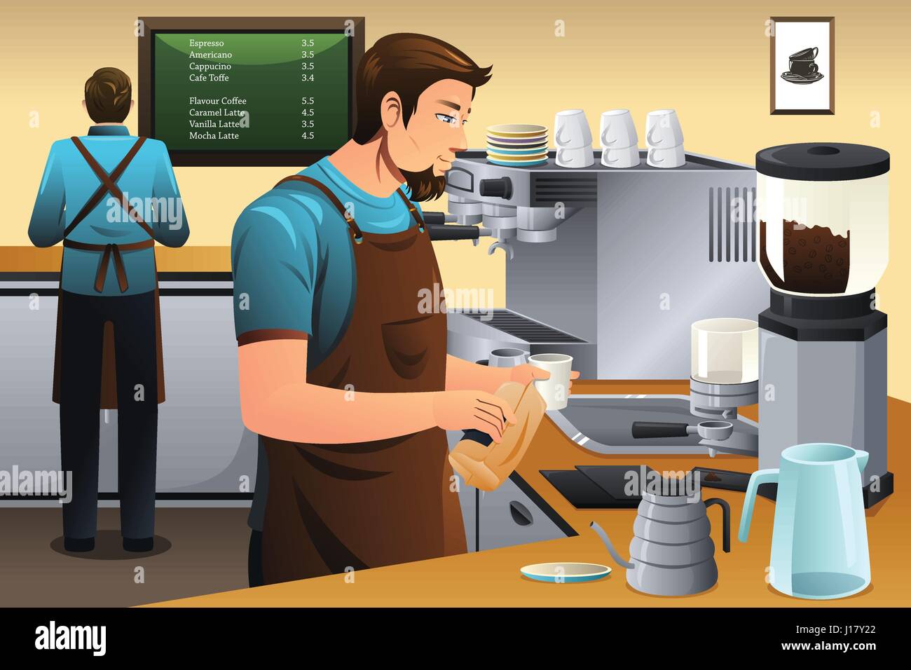 A vector illustration of barista preparing drip coffee in café Stock Vector