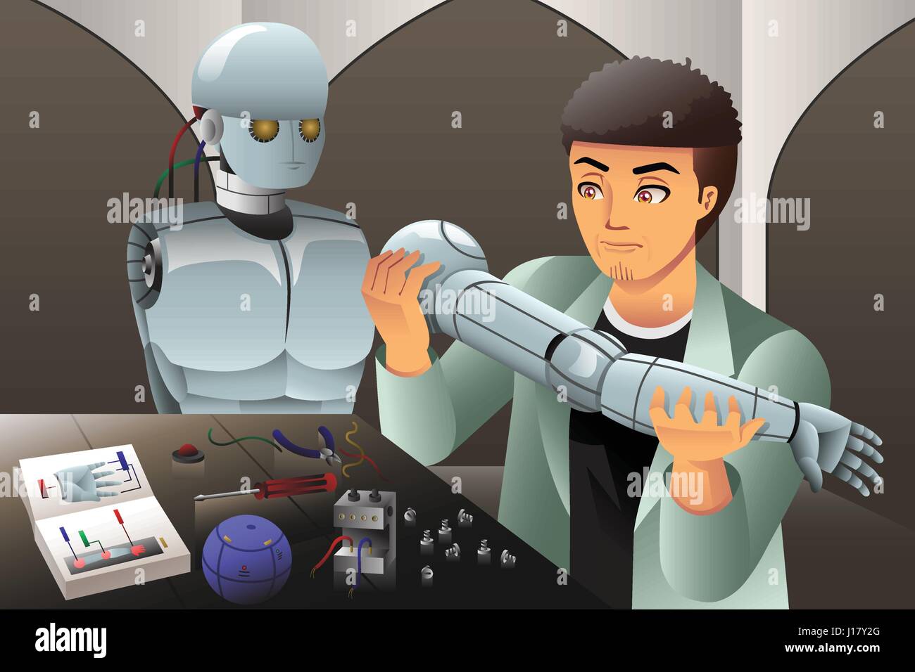 A vector illustration of scientist man making a robot Stock Vector