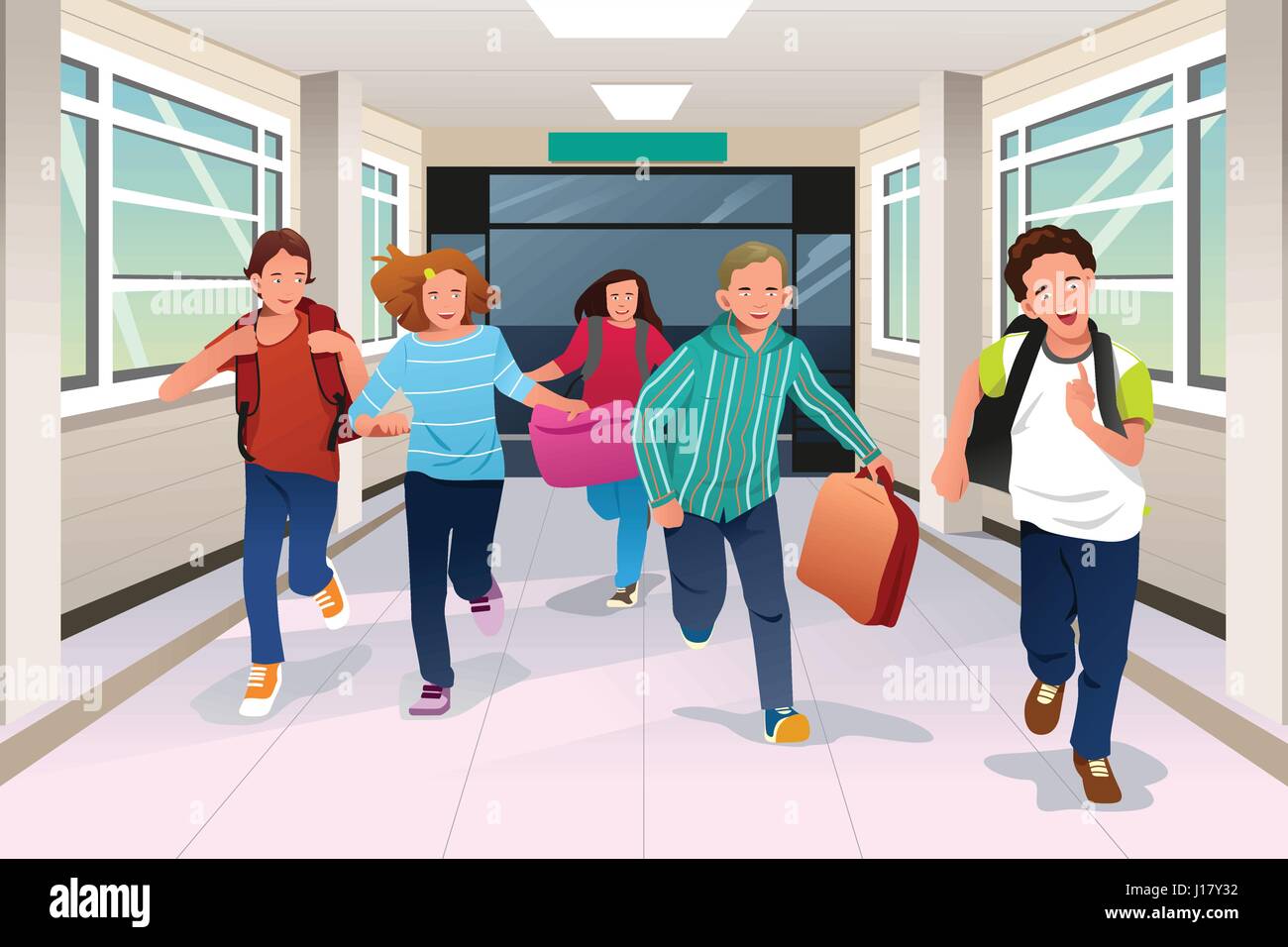 A vector illustration of happy student running in school hallway together Stock Vector