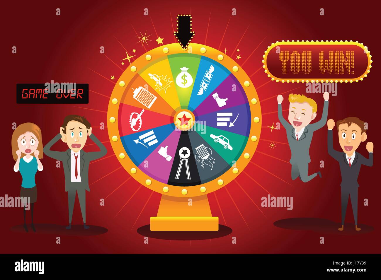 A vector illustration of businesspeople with financial wheel of fortune for gambling concept Stock Vector