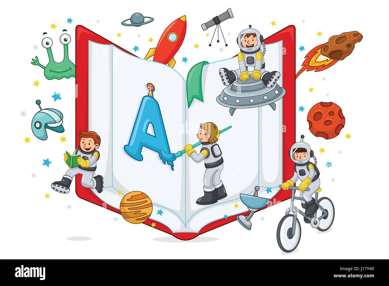 A vector illustration of kids playing and reading with open book Stock Vector