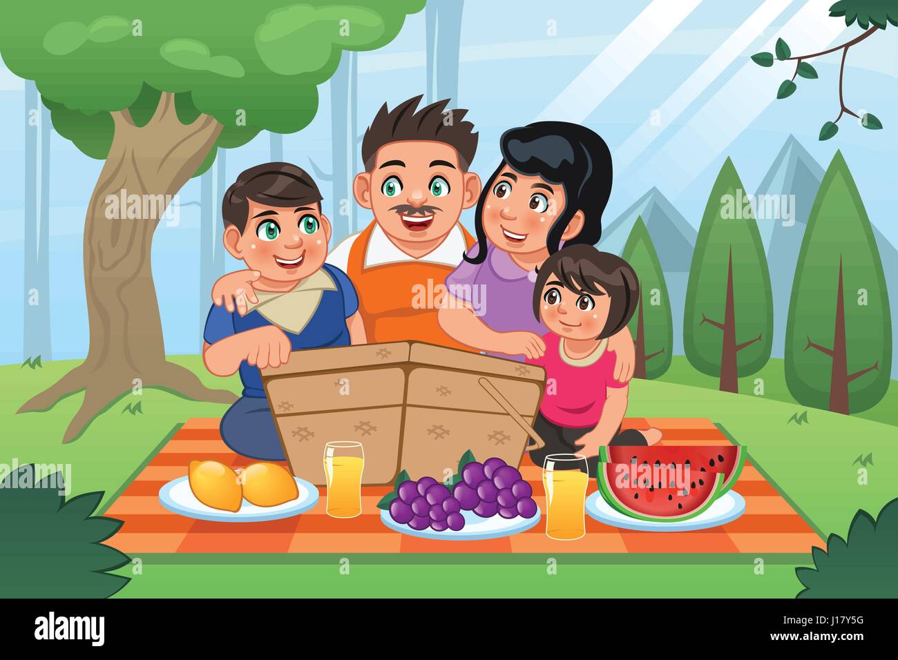 A vector illustration of happy family having a picnic together in the