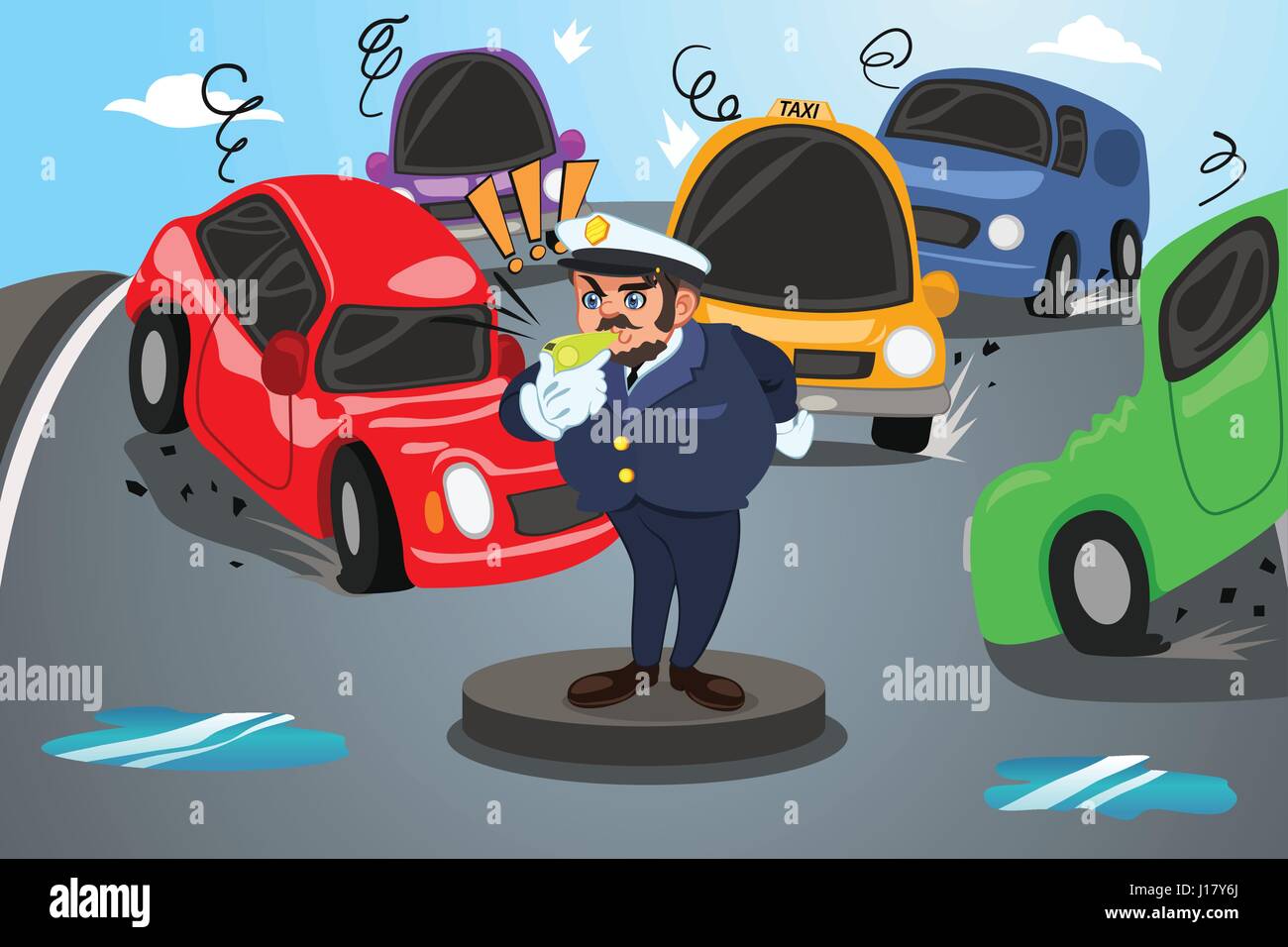 A Vector Illustration Of Police Officer Directs Traffic On A Busy City